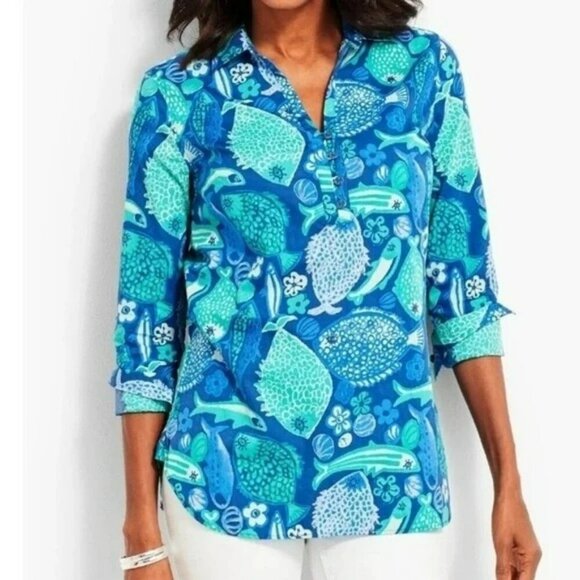 Talbots Women's Large Petite Blue Multicolor Fish Ocean Novelty Print Tunic - Picture 1 of 10